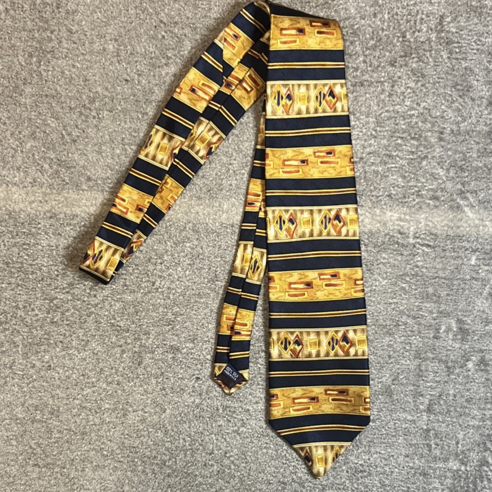 Benchmark 100% Silk Made In USA Gold, Navy Men's Classic Tie Colorful 58"x4" EUC